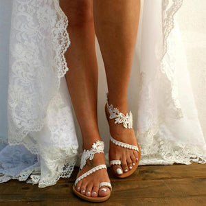 White floral lace sandals for wedding ring toe beach sandals