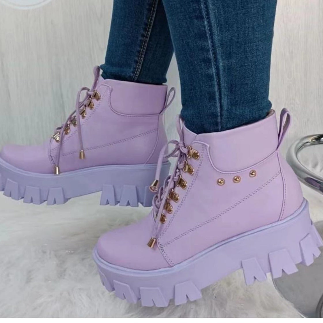 Women chunky platform boots | Non slip studded ankle boots | Round toe lace up boots