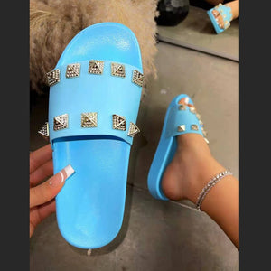 Women studded one strap thick sole beach flat slide sandals