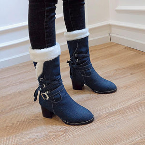 Women winter chunky heel buckle strap side zipper faux fur mid calf boots