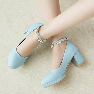 Women ankle ring rhinestone buckle strap closed toe chunky heels