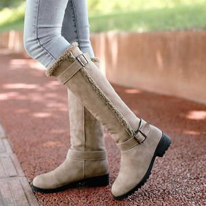 Women winter knee high faux fur chunky heel buckle strap snow boots