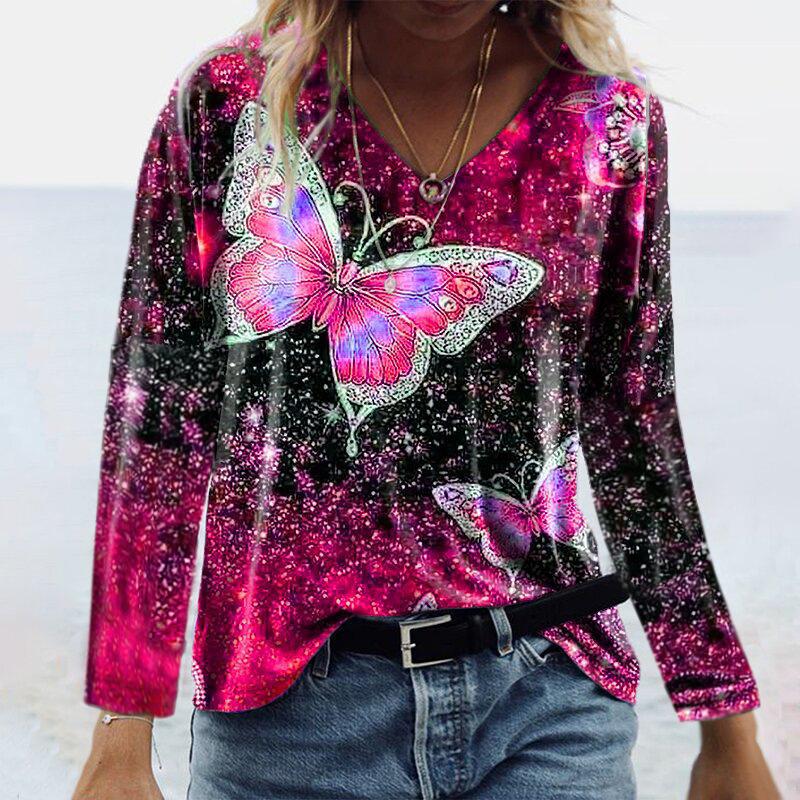 Women long sleeve v neck butterfly graphic t shirts