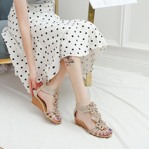 Women flowers peep toe side hollow back zipper wedge sandals