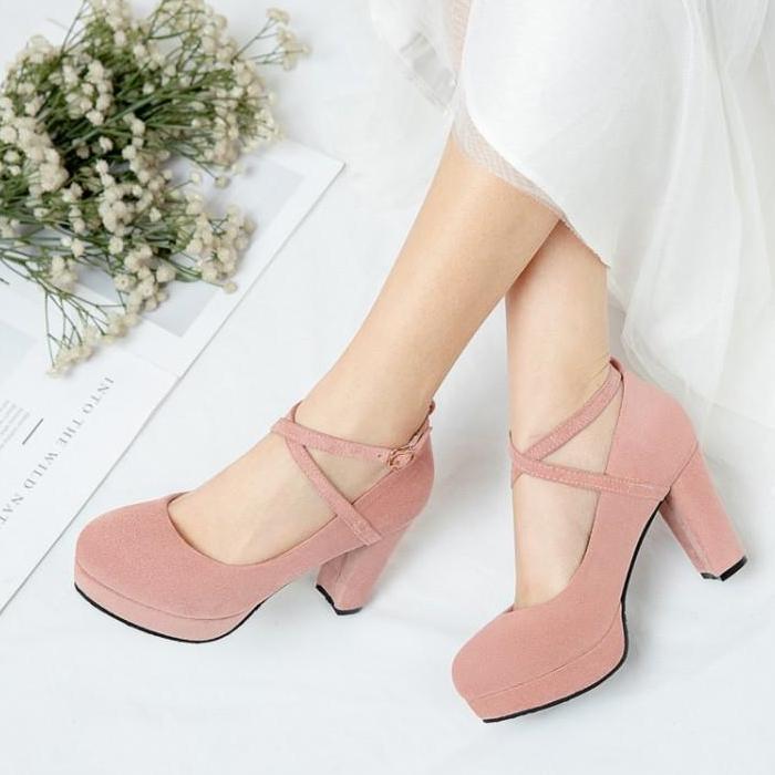 Women solid color chunky high criss cross strap platform heels