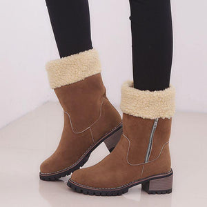 Women chunky heel side zipper faux fur mid calf snow boots