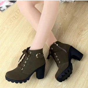 Women fashion buckle strap lace up chunky heeled booties