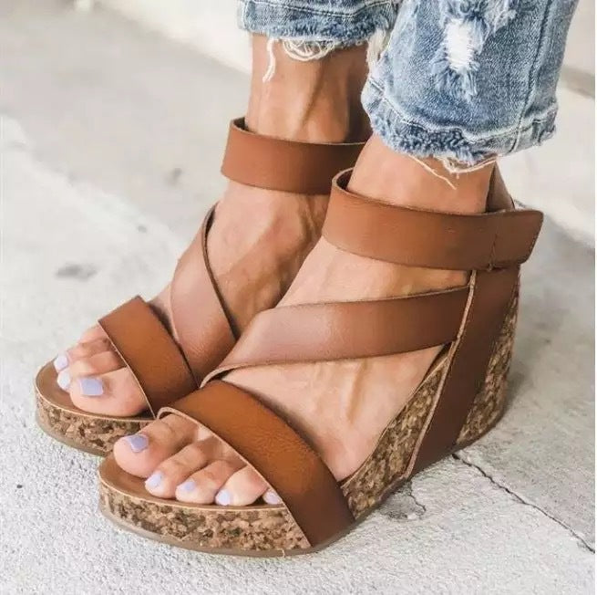 Women summer magic tape strappy high heel wedge sandals