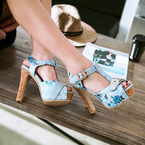 Women floral platform peep toe ankle strap chunky heels