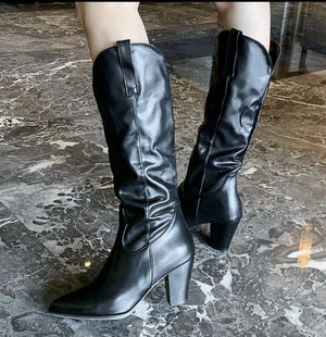 Women fall pointed toe chunky heel mid calf boots