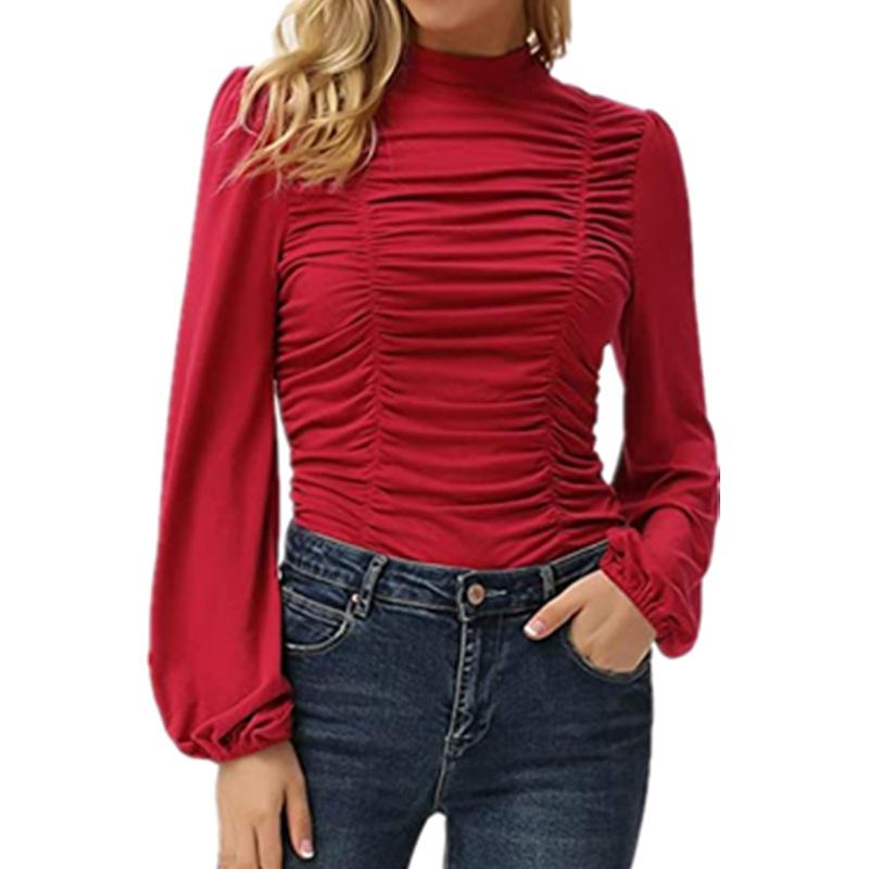 Women slim fit pleated lantern long sleeve tops