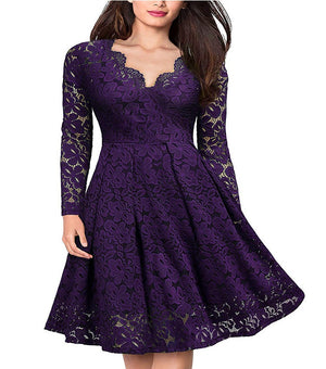 Long sleeves v neck lace dress A line flare mini dress | Fall winter evening gowns party dress