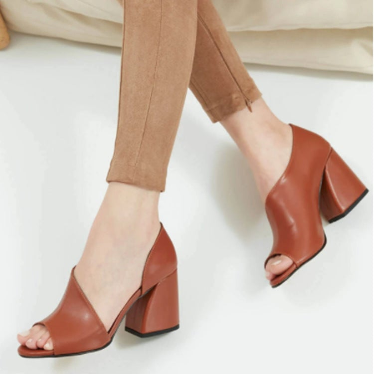 Women solid color peep toe side hollow chunky heels