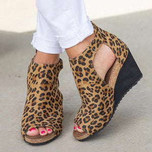 Women leopard snakeskin peep toe side hollow wedge heel sandals