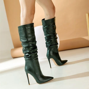 Women stiletto high heel pointed toe slouch knee high boots