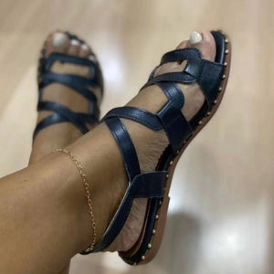 Women crisscross strap hollow peep toe slip on beach flat sandals