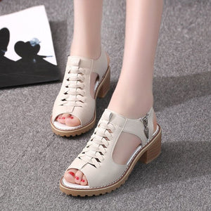 Women hollow slingback side zipper chunky heel sandals