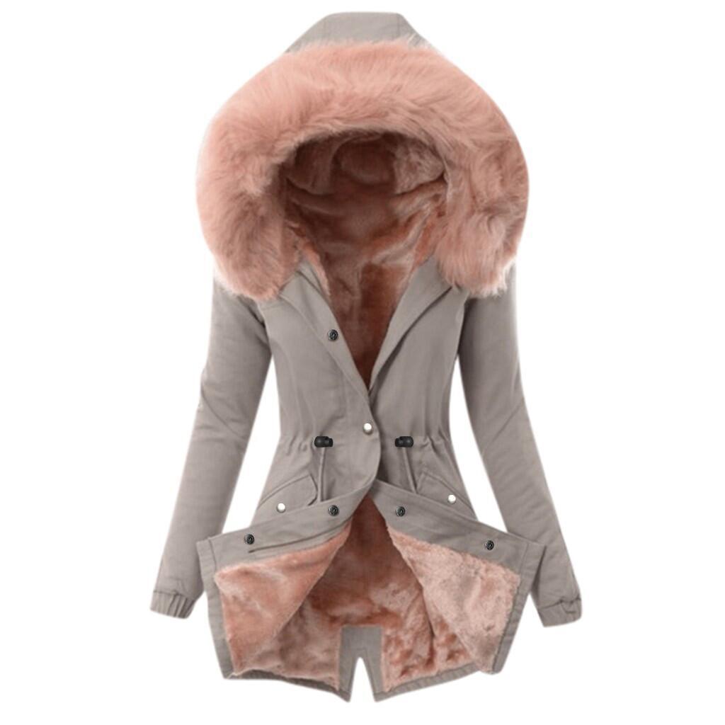 Women thick faux fur collar hooded slim fit winter coat