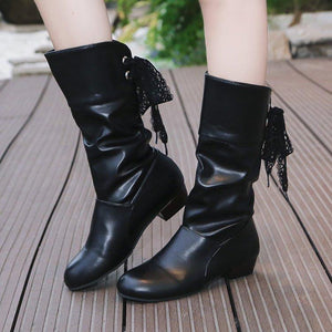 Women back lace up bowknot mid calf boots