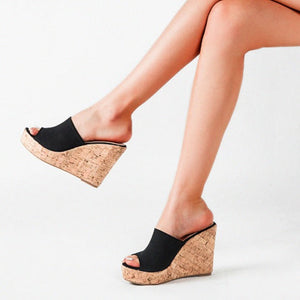 Women peep toe one strap slip on wedge high heel sandals