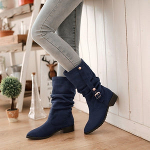 Women buckle strap slouch mid calf motorcycle boots