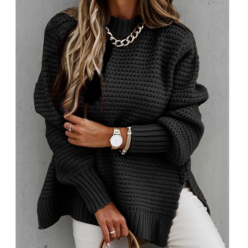 Women knit crew neck slit-hem long sleeve pullover sweater