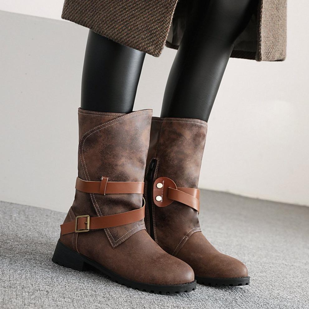 Women buckle strap medium chunky heel mid calf boots