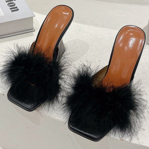 Women fuzzy square toe slide clear chunky heels