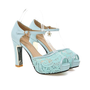 Women lace flower peep toe side hollow buckle strap chunky heels
