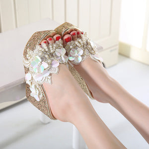 Women rhinestone flower one strap slip on platform wedge sandals