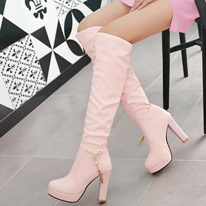 Women chunky high heel platform pendant slouch knee high boots