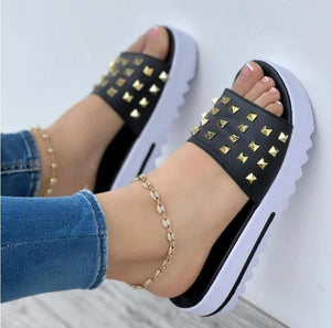 Women studded peep toe one strap beach slide sandals