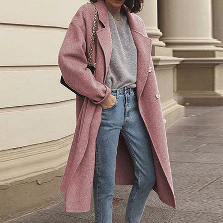 Women long double breasted tweed solid color duster coat