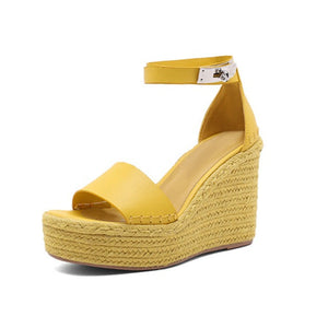 Women buckle strap peep toe espadrille platform wedge sandals