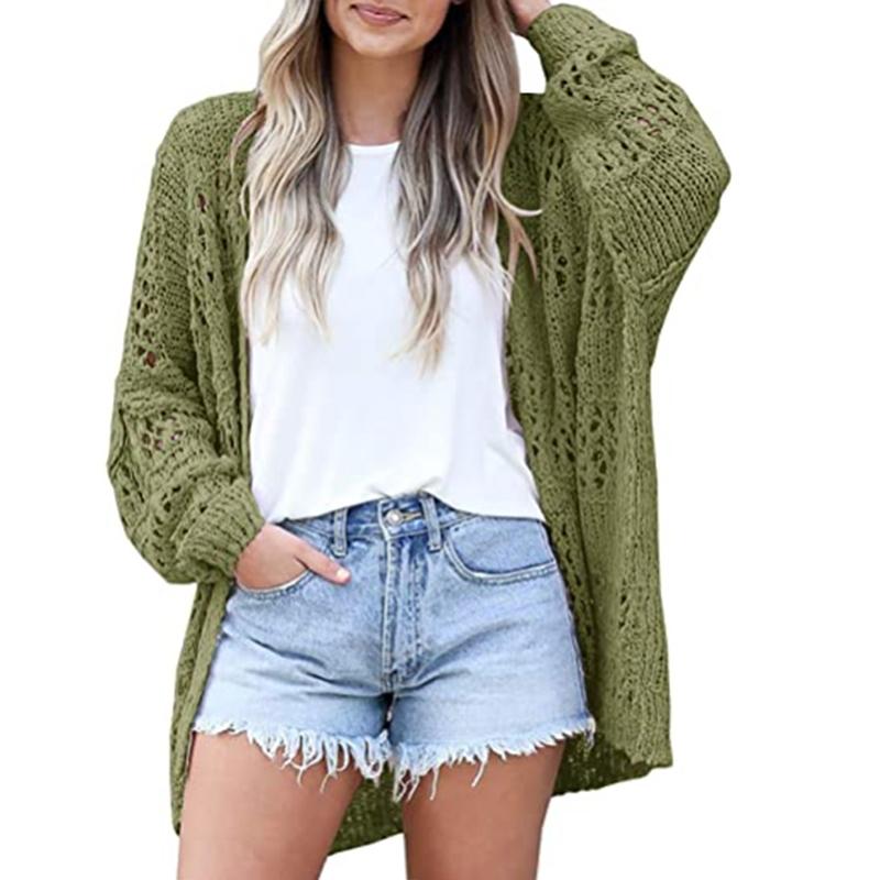 Women solid color long sleeve lightweight crochet cardigan