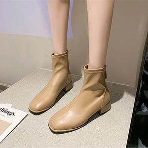 Women chunky heel back zipper short square toed boots