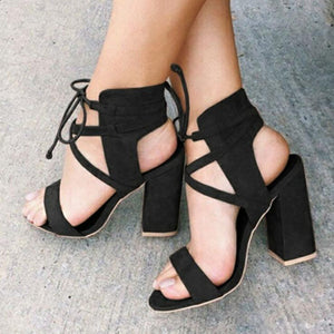 Women chunky peep toe criss cross strap lace up heels