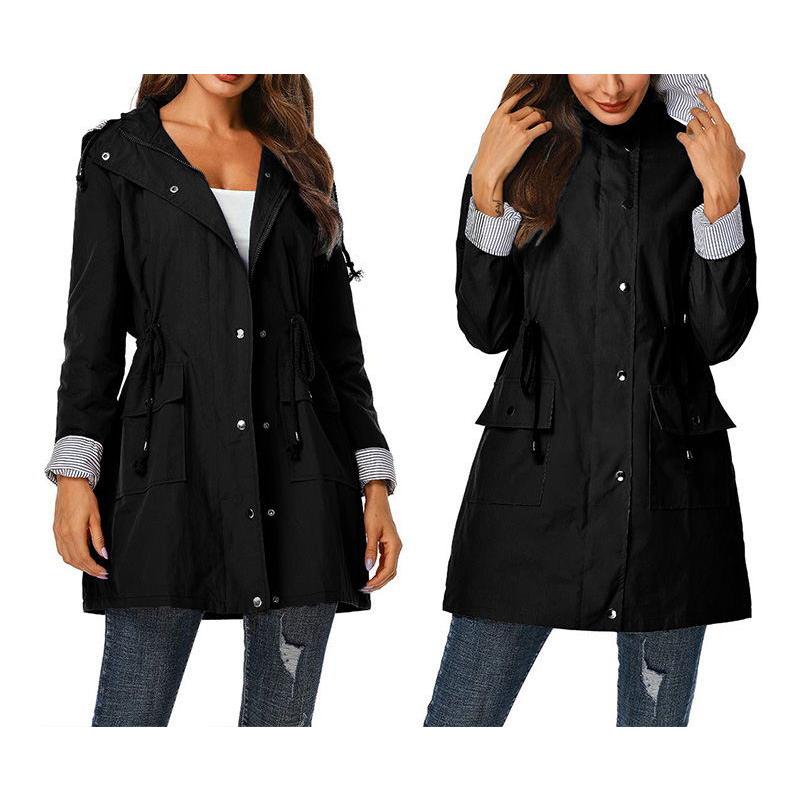 Women waterproof winbreaker long sleeve zipper button hooded coat