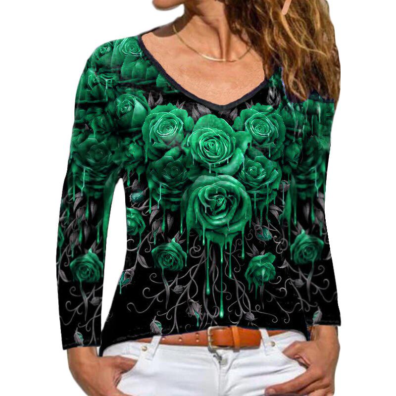 Women rose flowers long sleeve v neck graphic tees