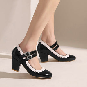 Women fashion round closed toe buckle strap chunky heels