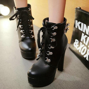 Women fashion lace up platform chunky high heel boots