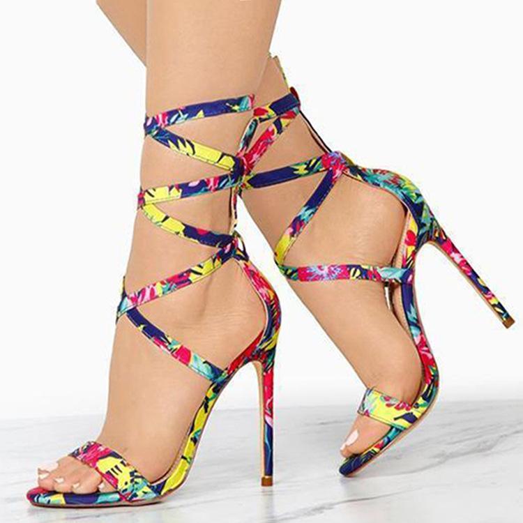 Women colorful ankle strappy lace up heels