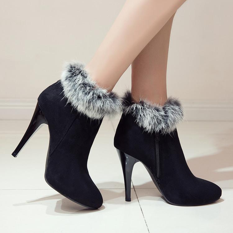 Women winter stiletto high heel pointed toe faux fur ankle boots