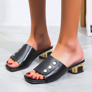 Women square peep toe medium chunky heel slide sandals