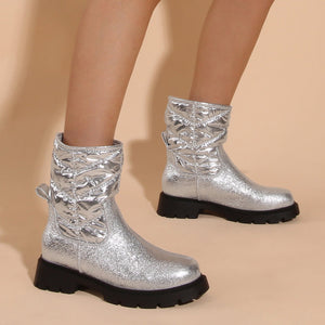Women chunky heel platform slip on mid calf silver boots