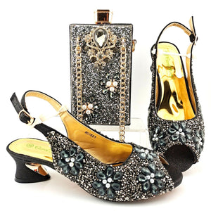 Women fashion sequin rhinestone flower peep toe slingback chunky heels