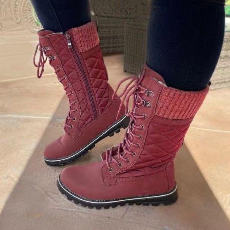 Women winter fall chunky platform lace up side zipper mid calf boots