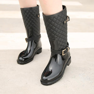 Women knee high stitching plaid chunky platform rain boots