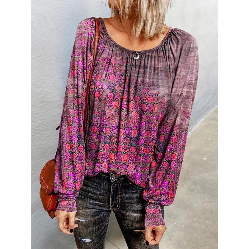Women flower printed long sleeve crew neck t shirt