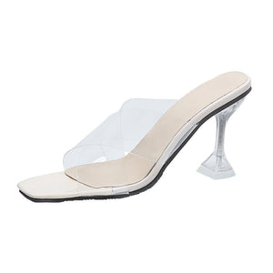 Women clear criss cross square peep toe slip on stiletto heels